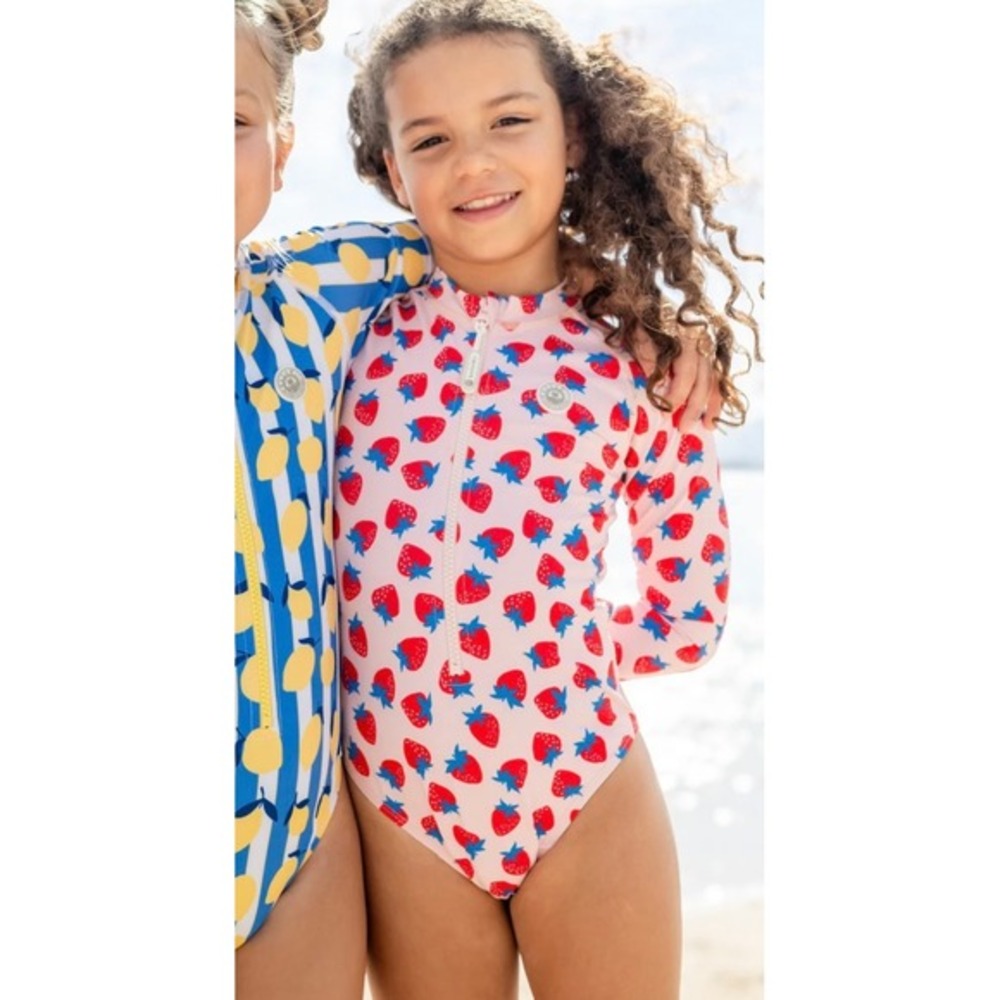 Hanna Andersson Girls Strawberry Rash Guard Swimsuit Long Sleeve Red Pink US 12